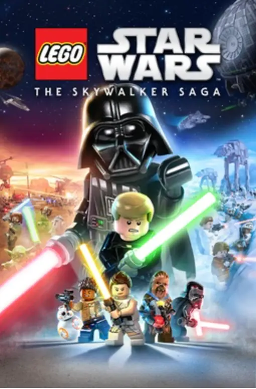 Lego Star Wars: The Skywalker Saga cover. A range of Lego style Star Wars characters, including Darth Vader and Luke Skywalker, holding light sabers.
